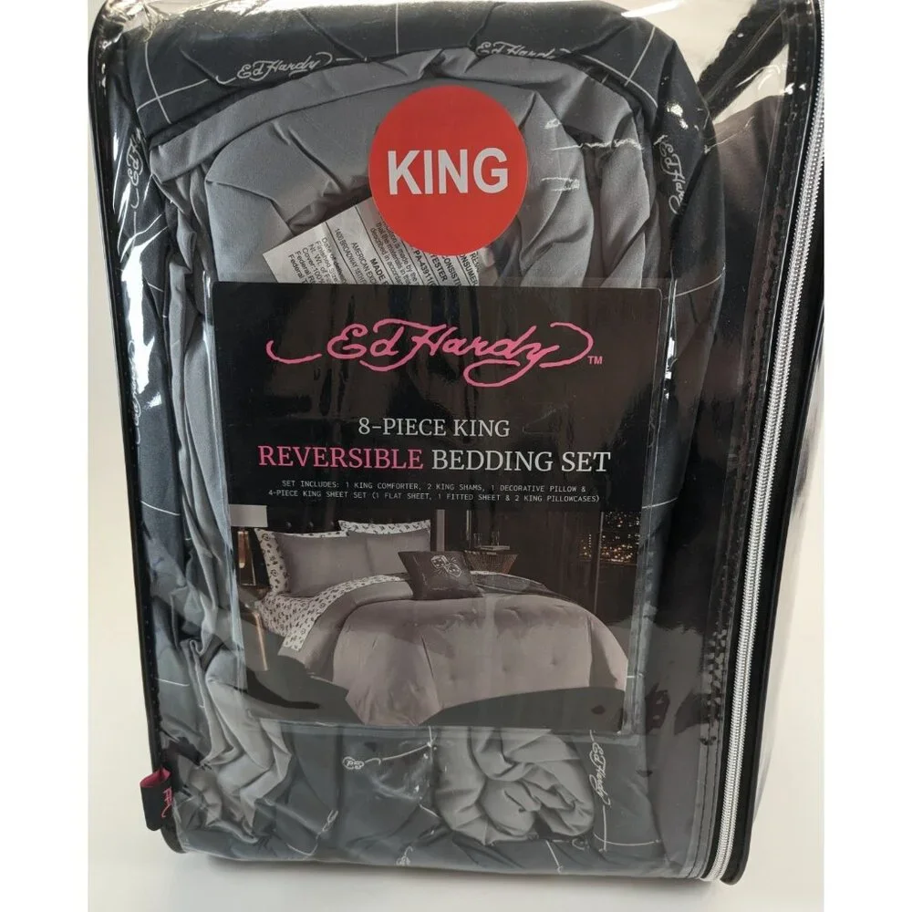 Ed Hardy King Cards Dice Skull Gray White Comforter Set Shams, Pillow, Sheets